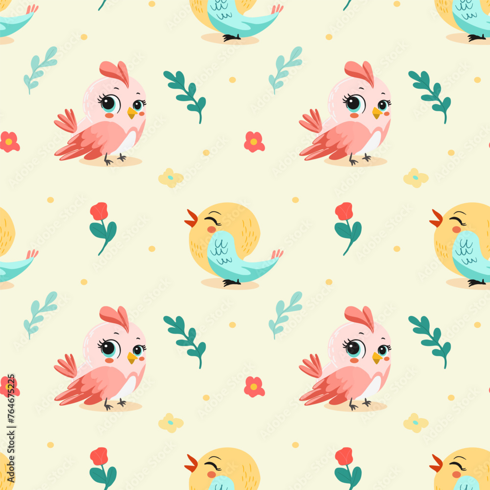 Spring birds pattern in bright color with big eyes. On light background for postcards, banners, backgrounds. Vector illustration. Spring birds pattern in bright color with big eyes. On light background for postcards, banners, backgrounds. Vector illustration.