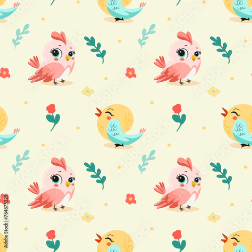 Spring birds pattern in bright color with big eyes. On light background for postcards, banners, backgrounds. Vector illustration. © Victoriya