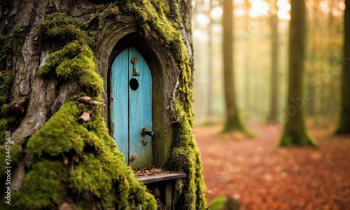 An enchanting forest scene with sunlight filtering through tall trees. A small wooden door with a round window and handle is embedded in the trunk of one of the trees.