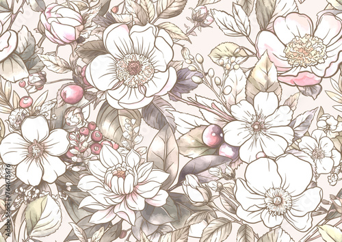 Boutonniere of wild rose flowers and berries Seamless pattern, background. Outline hand drawing vector illustration. In botanical style