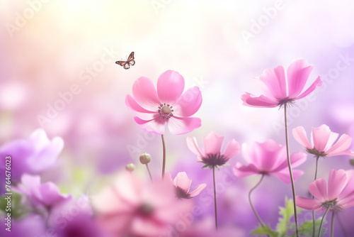 Beautiful pink flower anemones fresh spring morning on nature and fluttering butterfly on soft green background, macro. Spring template, elegant amazing artistic image, free space © Sajjad