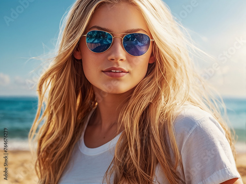 Portrait d'une jolie jeune femme blonde à la plage portant des lunettes de soleil bleutée un t-shirt blanc, chevelure longue , la mer en arrière plan, vue de face 