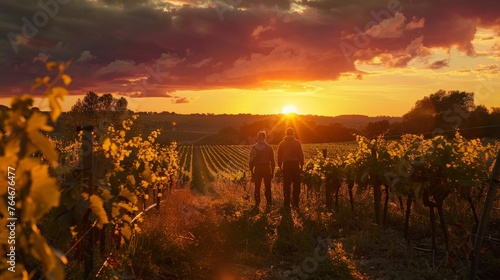 Two French winegrowers working in their vineyard at sunset