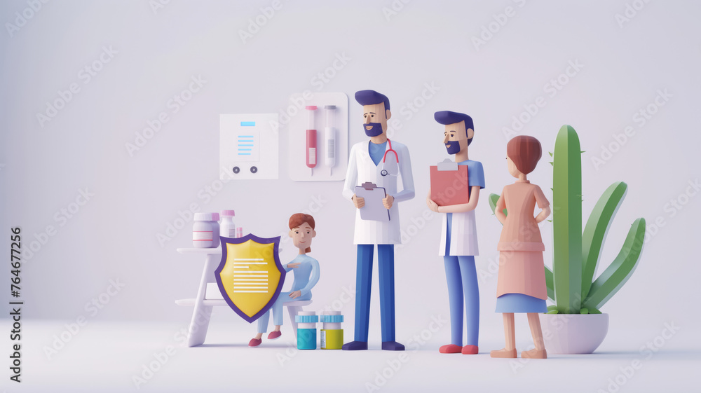 Medical professionals with a child and guardian in a modern clinic. 3D illustration - obrazy, fototapety, plakaty 