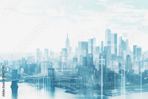 Landscape illustration of blue city structure on white background.