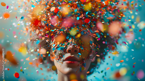 Many colorful confetti flying around the woman's head