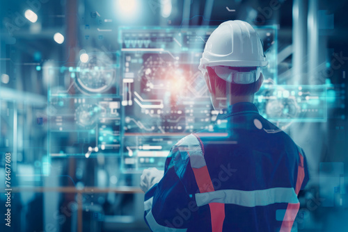 Engineer controlling high-tech digital technology systems in industrial plants.