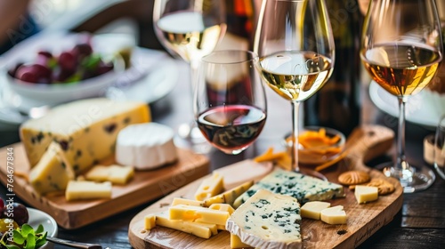 Wine and cheese served for a friendly party in a bar or restaurant. photo