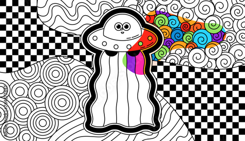Zentangle psychedelic coloring page for adults. Groovy UFO and checkerboards.