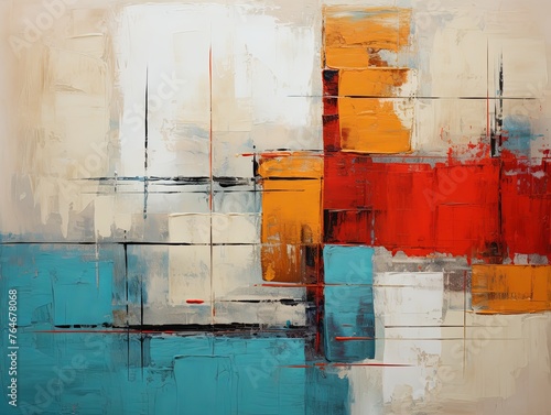 Cyan and red painting, in the style of orange and beige, luxurious geometry, puzzle-like pieces © Lenhard