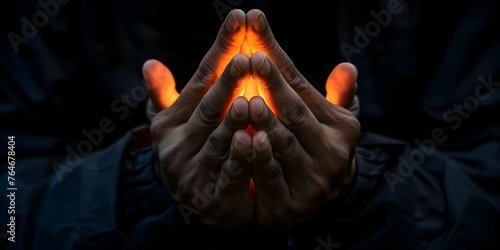 Hands in prayer illuminated by light symbolize spiritual connection and devotion. Concept Spirituality, Prayer, Connection, Light, Devotion photo