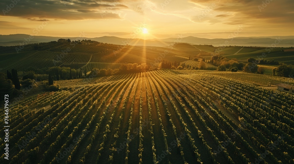 Vineyards and winery on sunset. Vineyard agricultural fields in the countryside, beautiful aerial landscape