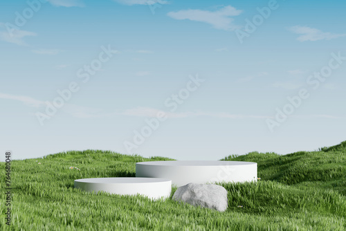 Stand product display podium in meadow with daisy blossom in spring season. 3D rendering © nawapon