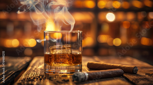 A glass of whiskey and a cigar on a wooden table against a backdrop of twinkling lights