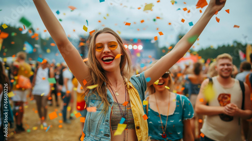 Cheerful young woman among confetti during a music festival