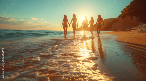 sunset on the beach  silhouettes of young women walking along the water s edge in the rays of the setting sun
