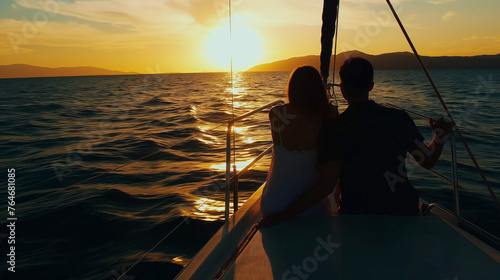 Cruise Ship Yacht Vacation Couple Enjoying Sunset Sailing On Small Cruise Boat. 