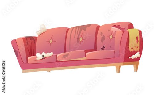 Broken and dirty home red sofa. Damaged furniture for the interior of the living room. Vector isolated cartoon illustration.