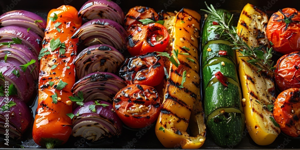A delicious grilled vegetable platter with onion, tomato, pepper, and courgette, perfect for dinner.