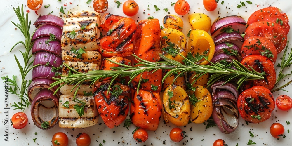 A grilled vegetable platter, complemented by a savory chicken fillet. A grilled vegetable platter, complemented by a savory chicken fillet.
