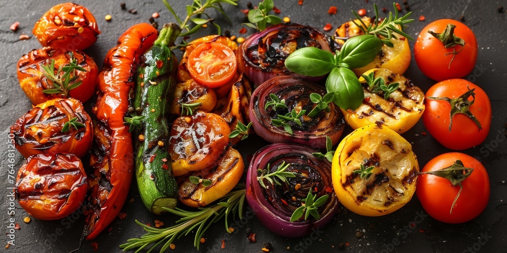 Delicious grilled vegetables including peppers, tomatoes, and onions, seasoned with rosemary. Delicious grilled vegetables including peppers, tomatoes, and onions, seasoned with rosemary.