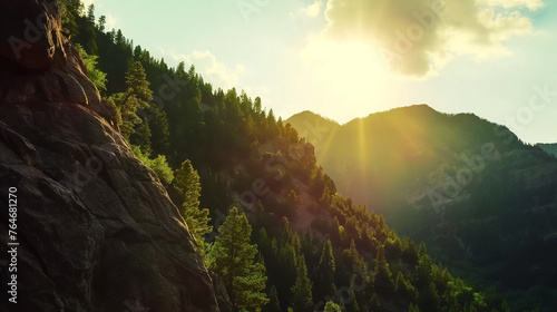 Mountain Summer Landscape Canyon Sunlight Evergreen Trees Rocky Steep Slopes Skyline. Landscape photograpy photo
