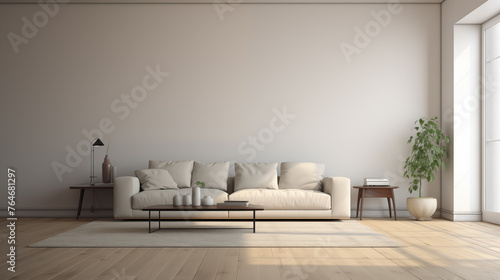 minimalistic interior with a sofa, blank wall