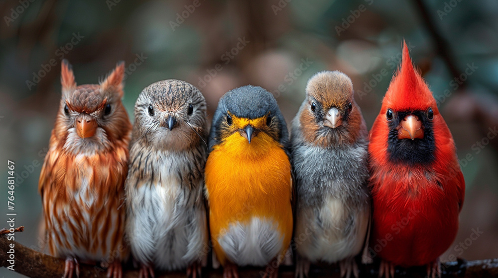 Fototapeta premium красные и желтые птицы< different chicks sitting together