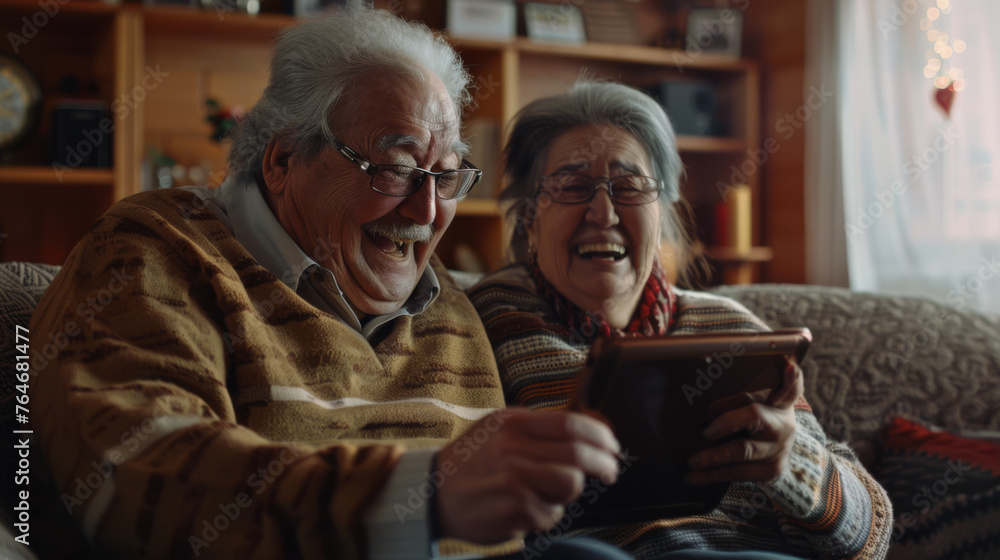 Two joyous seniors share a laugh while looking at a tablet in a cozy living room. Two joyous seniors share a laugh while looking at a tablet in a cozy living room.
