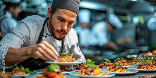 A serious and focused young professional cook adorns a dish in a restaurant kitchen.