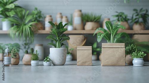 still life of various packaging and plants mockups on the table and shelves in a shop