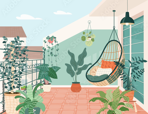 Cozy balcony garden with potted green plants. Terrace eco-style interior design with rattan wicker chair, houseplants in flowerpots, greenery. Urban house jungle on veranda. Flat vector illustration