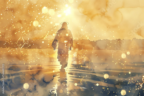 Jesus walks on water at sunrise rays. Watercolor painting illustration in warm gold colors
