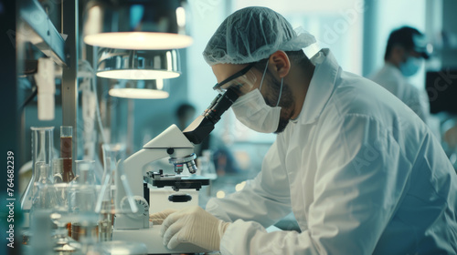 A scientist examines a sample through a microscope in a laboratory setting.