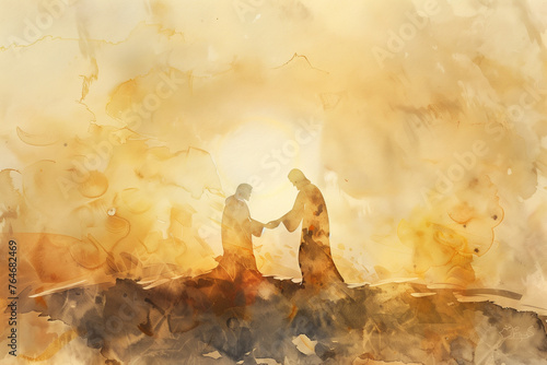Jesus reaching out his hand to man and forgive and bless him In the sunrise rays, watercolor painting in warm gold colors