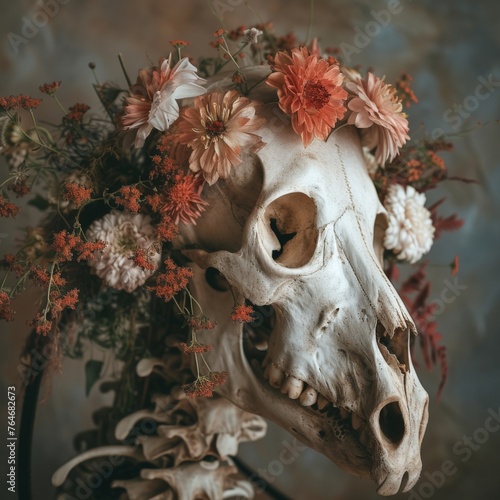 Skull and Skeleton with Flower Crowns in front of Paintings, Symbolizing Life and Death