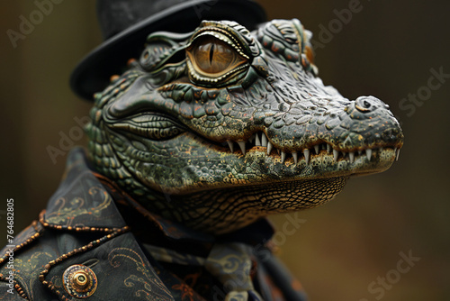 a crocodile dressed in a steampunk-inspired outfit  complete with a tie and fancy dress shirt