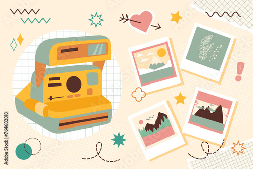 Banner in vintage new nostalgia collage style. Polaroid photography camera with photos and vector elements. Retro vector pop art design.