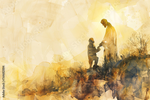 Jesus reaching out his hand to man and forgive and bless him In the sunrise rays, watercolor painting in warm gold colors