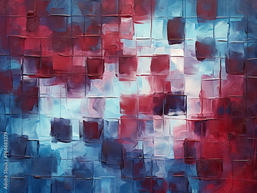 maroon and blue squares on the background, in the style of soft, blended brushstrokes