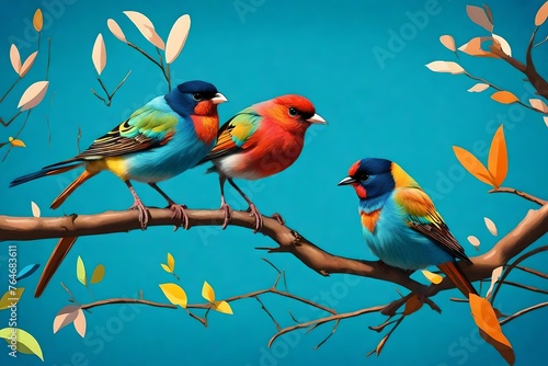 colorful birds sit on a branch on blue background © MISHAL