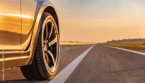 Close up of sport car wheels on a fast car on a road in a mountain nature landscape during golden hour, captured with selective focus. Rich, luxury vehicle.