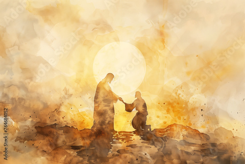 Jesus reaching out his hand to man and forgive and bless him In the sunrise rays, watercolor painting in warm gold colors