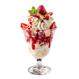 front view of Eton Mess with a delightful mix of strawberries, meringue, and whipped cream, served in a classic British dessert glass, isolated on a white transparent background