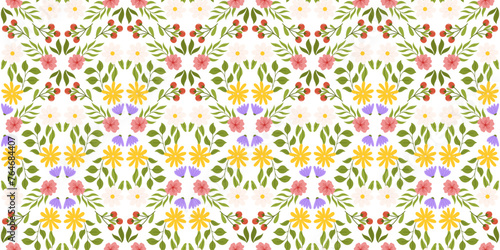 Continuous pattern with floral elements. Botanical-inspired repeated design featuring white, yellow, and lilac flowers, pink cherry blossom, branch with red berries, and different leaves.