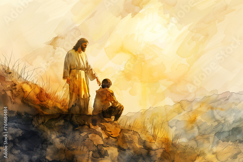 Jesus christ extending a helping hand in watercolor Illustration
