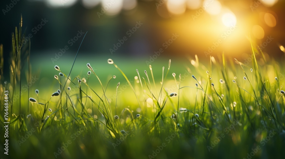 Art green grass in a meadow at sunset Macro image shallow depth of field Abstract summer Generative AI