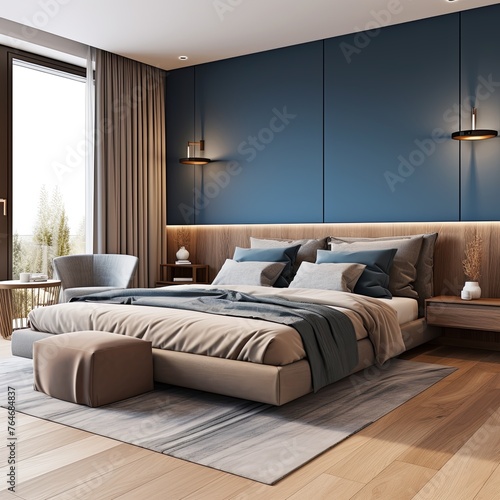 modern bedroom with a wood bed and beige walls © Lenhard