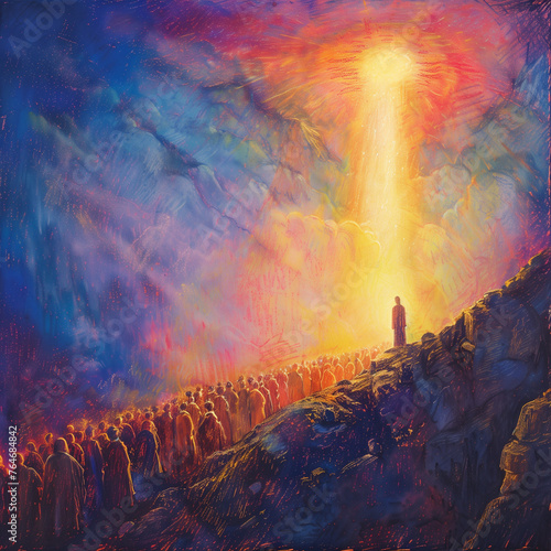 Jesus Christ preaching to the crowd on the mountain aunder pillar of light