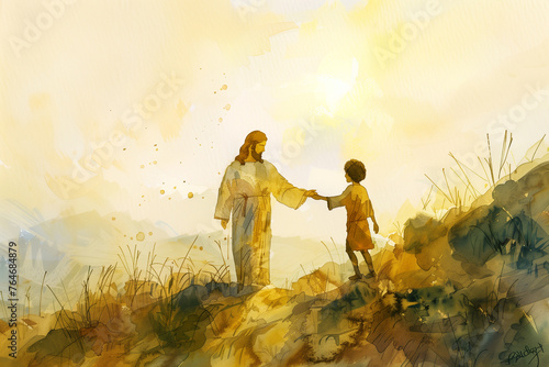 Jesus Holding a child's hand,hHe takes it with him, forgive and bless him In the sunrise rays, watercolor painting in warm gold colors